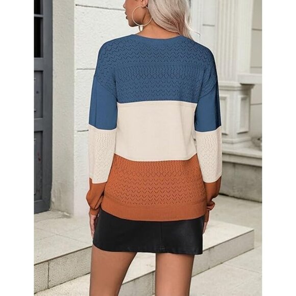 Womens Sweater Lightweight Knit V Neck Long Sleeve Crochet Casual Top - Picture 4 of 4